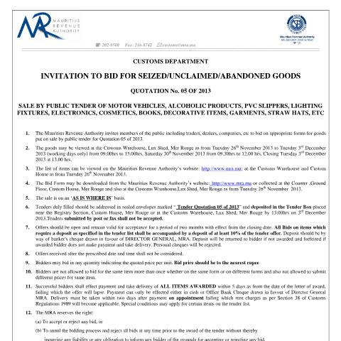 Document preview: Invitation to Bid - Quotation No.&nbsp;5 of 2013 (21.11.2013) — Document, Mauritius (CERFA n°InvitationtoBid-Q05of2013)