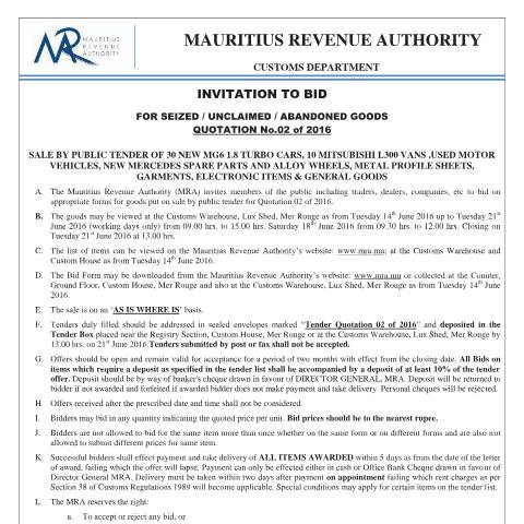 Document preview: Invitation to Bid : Quotation No. 2 of 2016 (10.06.16) — Document, Mauritius (CERFA n°InvitationToBidQ2of2016)
