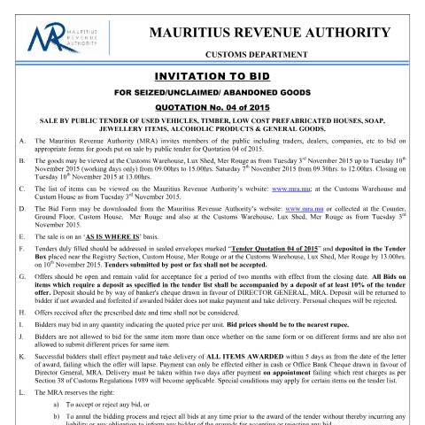 Document preview: Invitation to Bid : Quotation No. 4 of 2015 (30.10.15) — Document, Mauritius (CERFA n°InvitationTobid-04of2015)