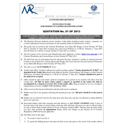 Document preview: Invitation to Bid for Seized / Unclaimed / Abandoned Goods — Form, Mauritius (CERFA n°NoticeQ01of2013)