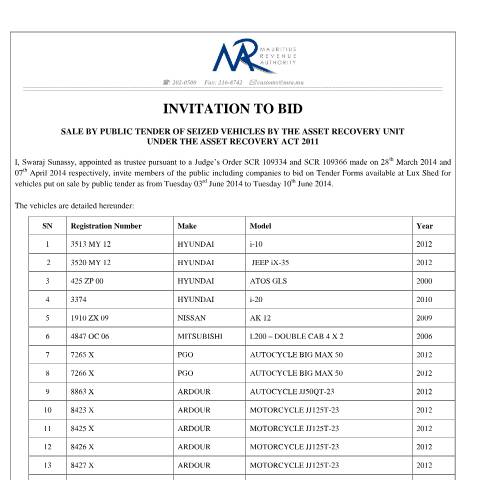Document preview: Invitation to Bid - Ponzi (30.05.14) — Document, Mauritius (CERFA n°InvitationToBid_Ponzi)