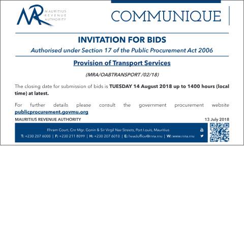 Document preview: Invitation to Bids : Provision of Transport Services (13.07.18) — Document, Mauritius (CERFA n°InvitationToBids130718)