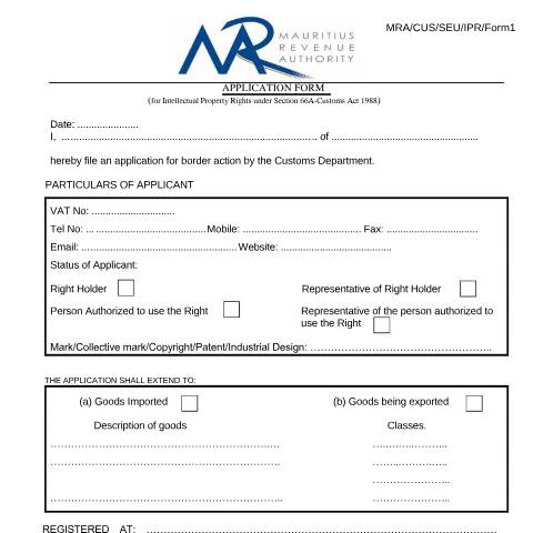 Document preview: IPR Application Form — Form, Mauritius (CERFA n°IPRApplicationForm)