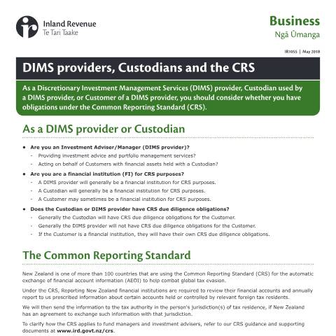 Document preview: DIMS providers, Custodians and the CRS — International, New Zealand (CERFA n°IR1055)