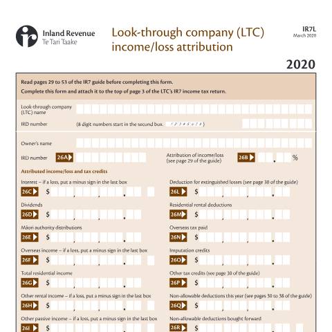 Document preview: Look-through company (LTC) income/loss attribution — Income tax, New Zealand (CERFA n°IR7L)