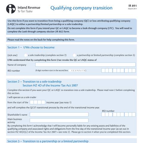 Document preview: Qualifying company transition — Income tax, New Zealand (CERFA n°IR891)