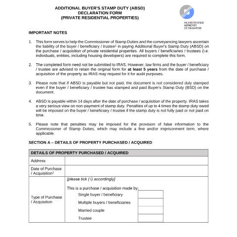 Document preview: ABSD Declaration Form — IRAS / Stamp Duty, Singapore (CERFA n°ABSD-DECLARATION-FORM)
