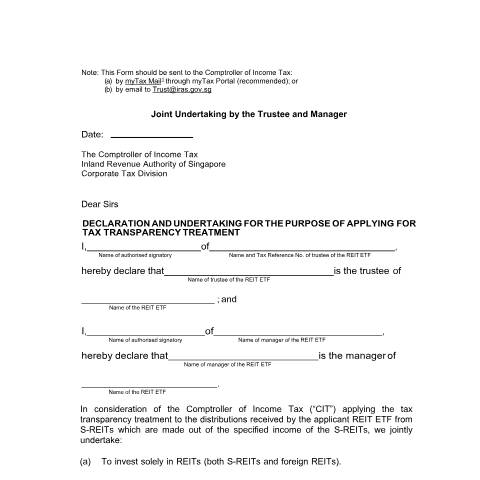 Document preview: Joint Undertaking by Trustee and Manager for the Purpose of Applying for Tax Transparency Treatment — IRAS / Trust, Singapore (CERFA n°REIT-ETF---JOINT-UNDERTAKING-BY-TRUSTEE-AND-MANAGER_11-JUL-2019_SIGNED)