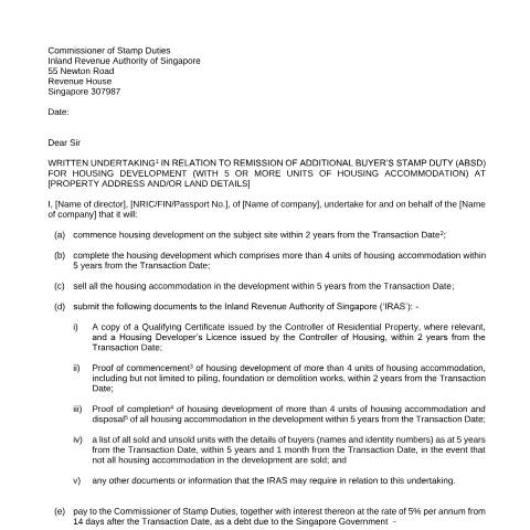 Document preview: Developers for Development of Five or More Residential Units — IRAS / Stamp Duty, Singapore (CERFA n°(A)-LETTER-OF-UNDERTAKING-FOR-DEVELOPMENT-OF-5-OR-MORE-RESIDENTIAL-UNITS-(NEW)_2017-09-20)