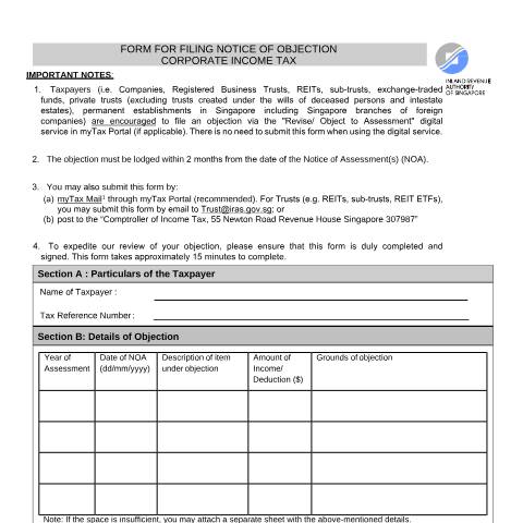 Document preview: REIT - Form for Filing Notice of Objection — IRAS / Trust, Singapore (CERFA n°FORM-FOR-FILING-NOTICE-OF-OBJECTION)