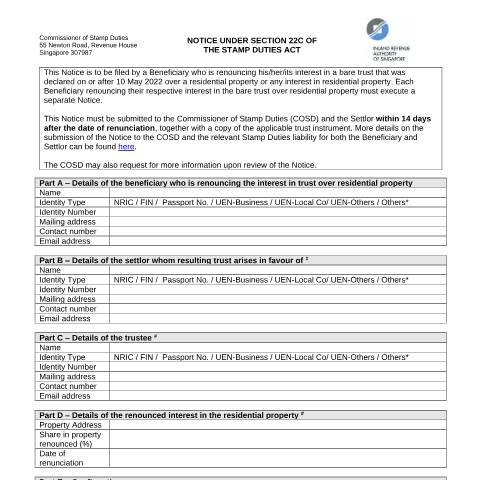 Document preview: Notice under Section 22C — IRAS / Stamp Duty, Singapore (CERFA n°NOTICE-UNDER-SECTION-22C)