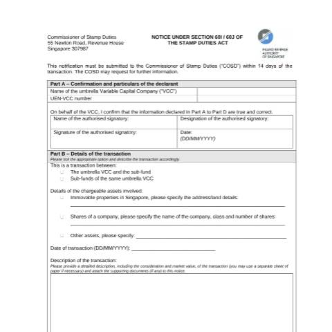 Document preview: Notice under Section 60I / 60J — IRAS / Stamp Duty, Singapore (CERFA n°NOTICE-UNDER-S60I-AND-S60J-())