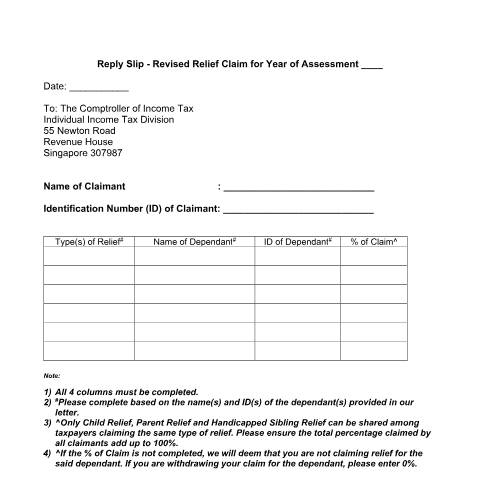 Document preview: Reply Slip for "Revise Duplicate Relief Claim" — IRAS / Employees, Singapore (CERFA n°REPLY-SLIP)