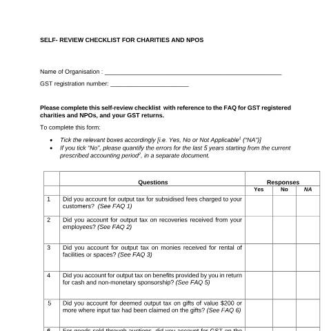 Document preview: Self-Review Checklist for Charities and NPOs — IRAS / Self Review, Singapore (CERFA n°SELF-REVIEW-CHECKLIST)