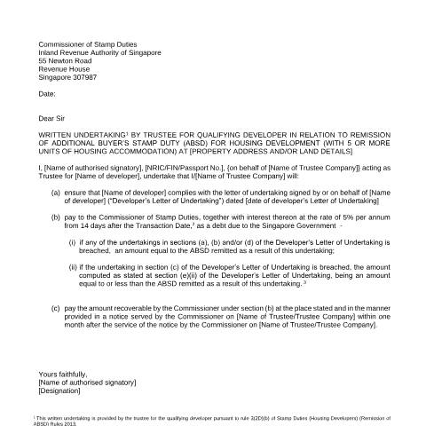 Document preview: Trustee for Developers for Development of Five or More Residential Units — IRAS / Stamp Duty, Singapore (CERFA n°(A)-LETTER-OF-UNDERTAKING-FOR-DEVELOPMENT-OF-5-OR-MORE-RESIDENTIAL-UNITS-(TRUSTEE))