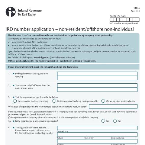 Document preview: IRD number application - non-resident/off-shore non-individual — Managing my tax, New Zealand (CERFA n°IR744)