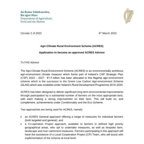 Document preview: ACRES - Information for Advisors — acres circular no 22023 application to become an approved acres advisor — Department of Agriculture, Food and the Marine, Ireland