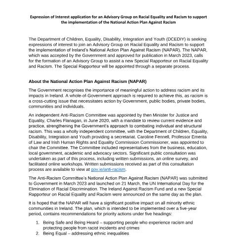 Document preview: Expression of Interest application for an Advisory Group on Racial Equality and Racism — Department of Children, Disability and Equality, Ireland