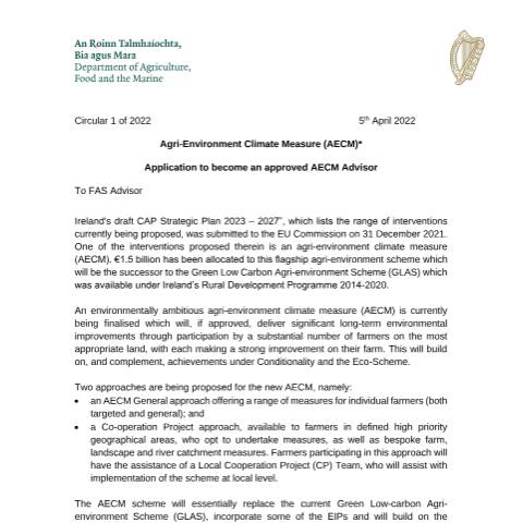 Document preview: ACRES - Information for Advisors — acres circular 1 2022 application to become an approved aecm advisor april 2022 — Department of Agriculture, Food and the Marine, Ireland (CERFA n°APRIL2022)