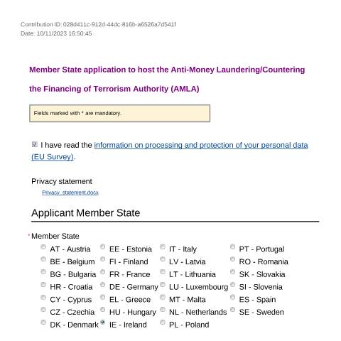 Document preview: Ireland's application for AMLA — Department of Finance, Ireland