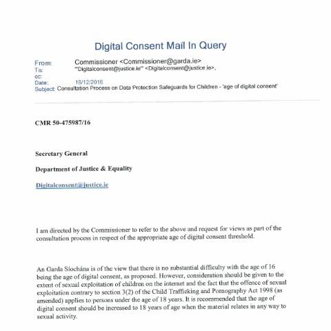 Document preview: Consultation on Data protection safeguards for children (‘digital age of consent’) — an garda siochana d4610a43 3d44 4325 a366 5772b8cfc02c — Department of Justice, Home Affairs and Migration, Ireland
