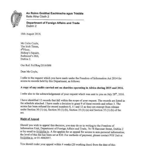 Document preview: FOI Request 16/098 — foi reply 16098 — Department of Foreign Affairs, Ireland