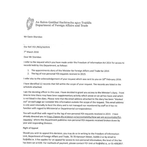 Document preview: FOI Request 16/015 — foi reply 16015 — Department of Foreign Affairs, Ireland