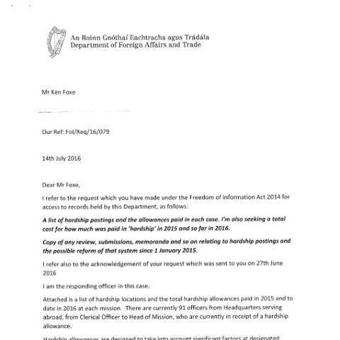 Document preview: FOI Request 16/079 — foi reply 16079 — Department of Foreign Affairs, Ireland