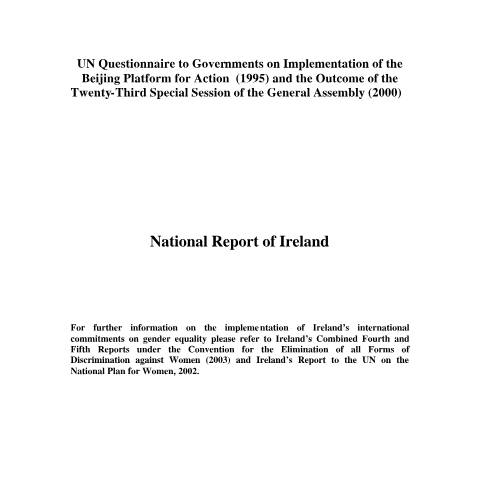 Document preview: Gender Equality: EU and International Policy — national report of ireland 2004 in response to un questionnaire to governments on impl — Department of Children, Disability and Equality, Ireland