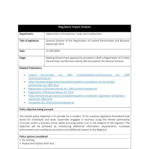 Document preview: General Scheme of Registration of Limited Partnerships and Business Names Bill 2024 accompanied by RIA — a1524a80 ria of general scheme of registration of limited partnerships and business na — Department of Enterprise, Tourism and Employment, Ireland