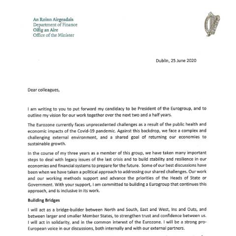 Document preview: Letter of nomination from Minister Donohoe for the role of next President of the Eurogroup — Department of Finance, Ireland