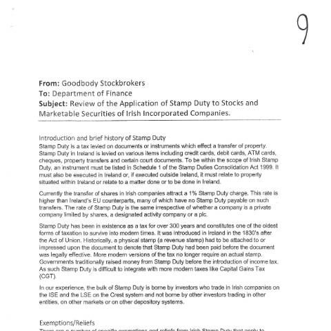 Document preview: Submissions to Consultation - Review of the Application of Stamp Duty to the Stocks and Marketable Securities of Irish Incorporated Companies — public submission number 9 review of the application of stamp duty to the stocks and m — Department of Finance, Ireland