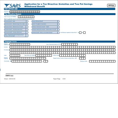 Document preview: IRP3a – Application for tax directive Gratuities and Two Pot Savings Withdrawal Benefit -External Form — PDF Forms, South Africa (CERFA n°IRP3a)