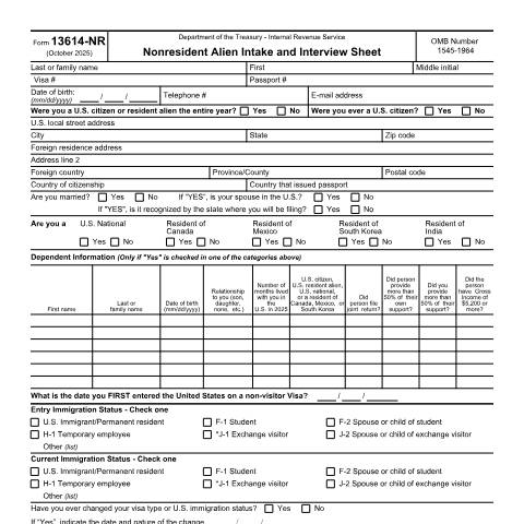 Document preview: IRS Form f13614nr — IRS, United States (CERFA n°13614NR)