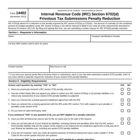 Document preview: IRS Form f14402 — IRS, United States (CERFA n°14402)
