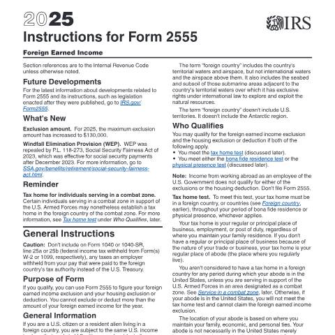 Document preview: IRS Instructions i2555 — IRS, United States (CERFA n°INST-2555)