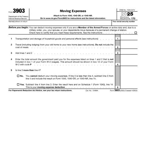 Document preview: IRS Form f3903 — IRS, United States (CERFA n°3903)