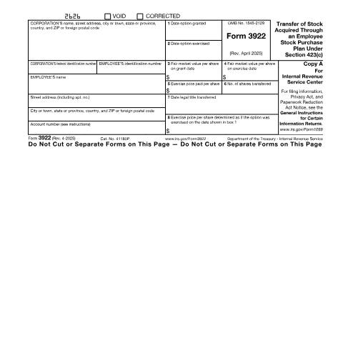 Document preview: IRS Form f3922 — IRS, United States (CERFA n°3922)