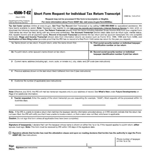 Document preview: IRS Form f4506tez — IRS, United States (CERFA n°4506TEZ)