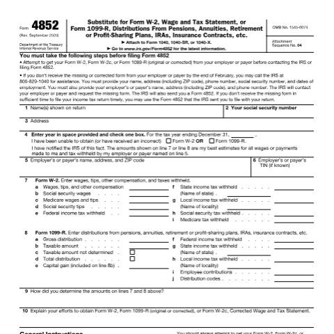 Document preview: IRS Form f4852 — IRS, United States (CERFA n°4852)