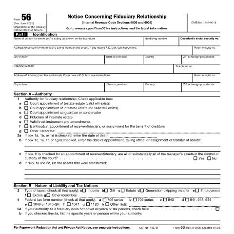 Document preview: IRS Form f56 — IRS, United States (CERFA n°56)