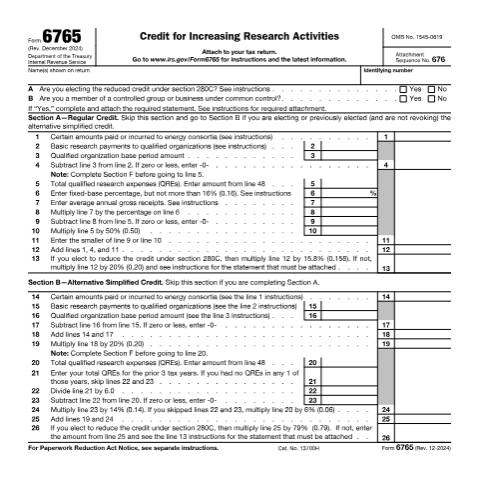 Document preview: IRS Form f6765 — IRS, United States (CERFA n°6765)