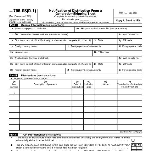 Document preview: IRS Form f706gsd1 — IRS, United States (CERFA n°706GSD1)