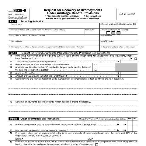 Document preview: IRS Form f8038r — IRS, United States (CERFA n°8038R)