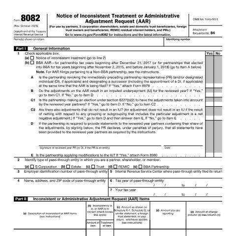 Document preview: IRS Form f8082 — IRS, United States (CERFA n°8082)