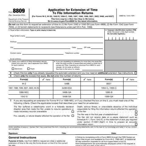 Document preview: IRS Form f8809 — IRS, United States (CERFA n°8809)