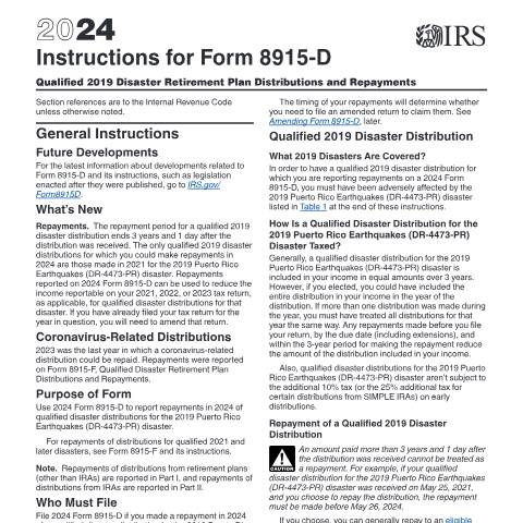 Document preview: IRS Instructions i8915d — IRS, United States (CERFA n°INST-8915D)
