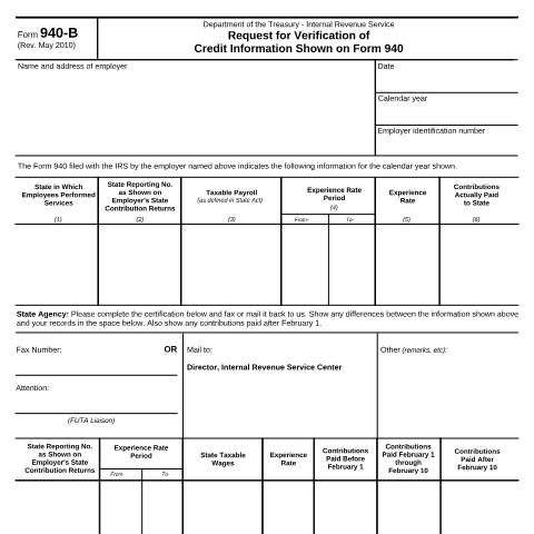 Document preview: IRS Form f940b — IRS, United States (CERFA n°940B)