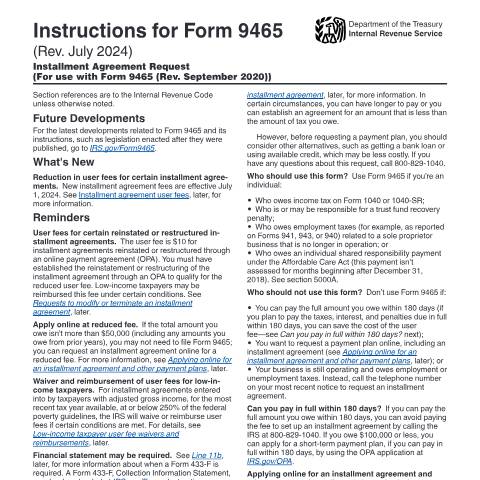 Document preview: IRS Instructions i9465 — IRS, United States (CERFA n°INST-9465)
