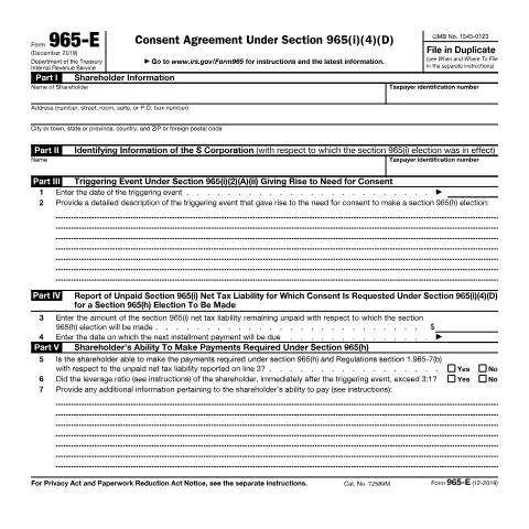 Document preview: IRS Form f965e — IRS, United States (CERFA n°965E)
